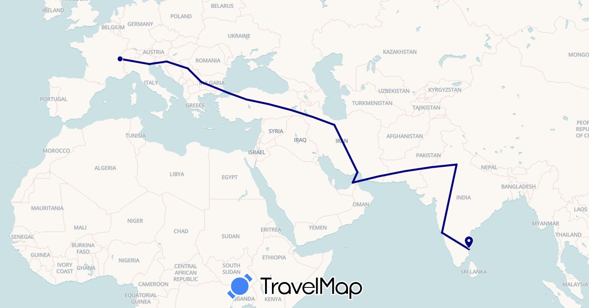 TravelMap itinerary: driving in United Arab Emirates, Bulgaria, Switzerland, Croatia, India, Iran, Italy, Serbia, Turkey (Asia, Europe)